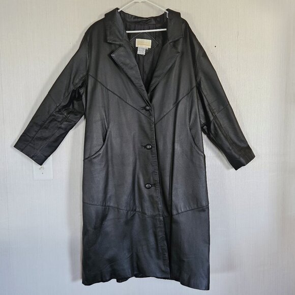 VTG Roaman's Leather Trench Coat V-Neck Collar Pockets Lined Black Size 1X - Picture 1 of 8
